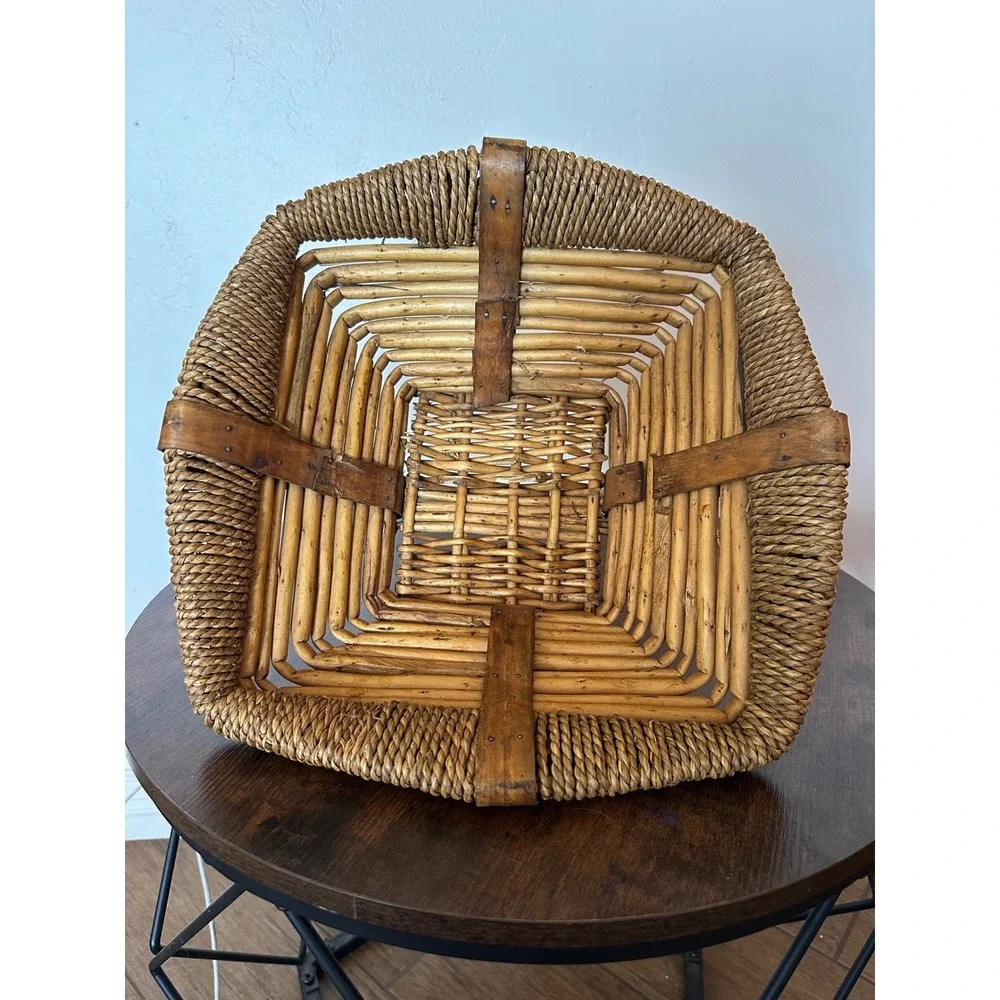 Vintage Tiered Wicker Basket Square Rattan Seagrass Rope Edge Boho Decor Bowl